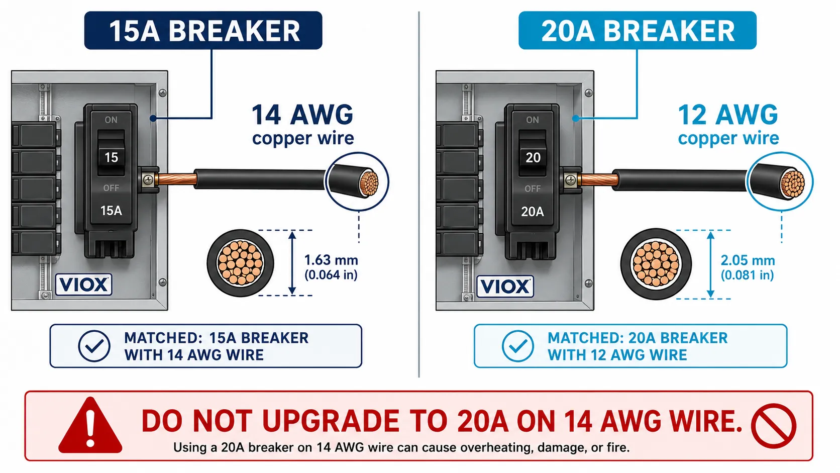 14 AWG wire for 15 amp breaker compared with 12 AWG wire for 20 amp breaker