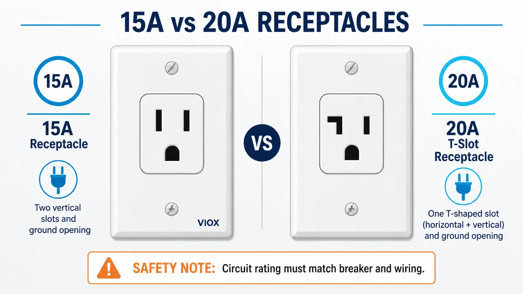 15 amp outlet versus 20 amp outlet showing standard vertical slot and 20 amp T-slot difference