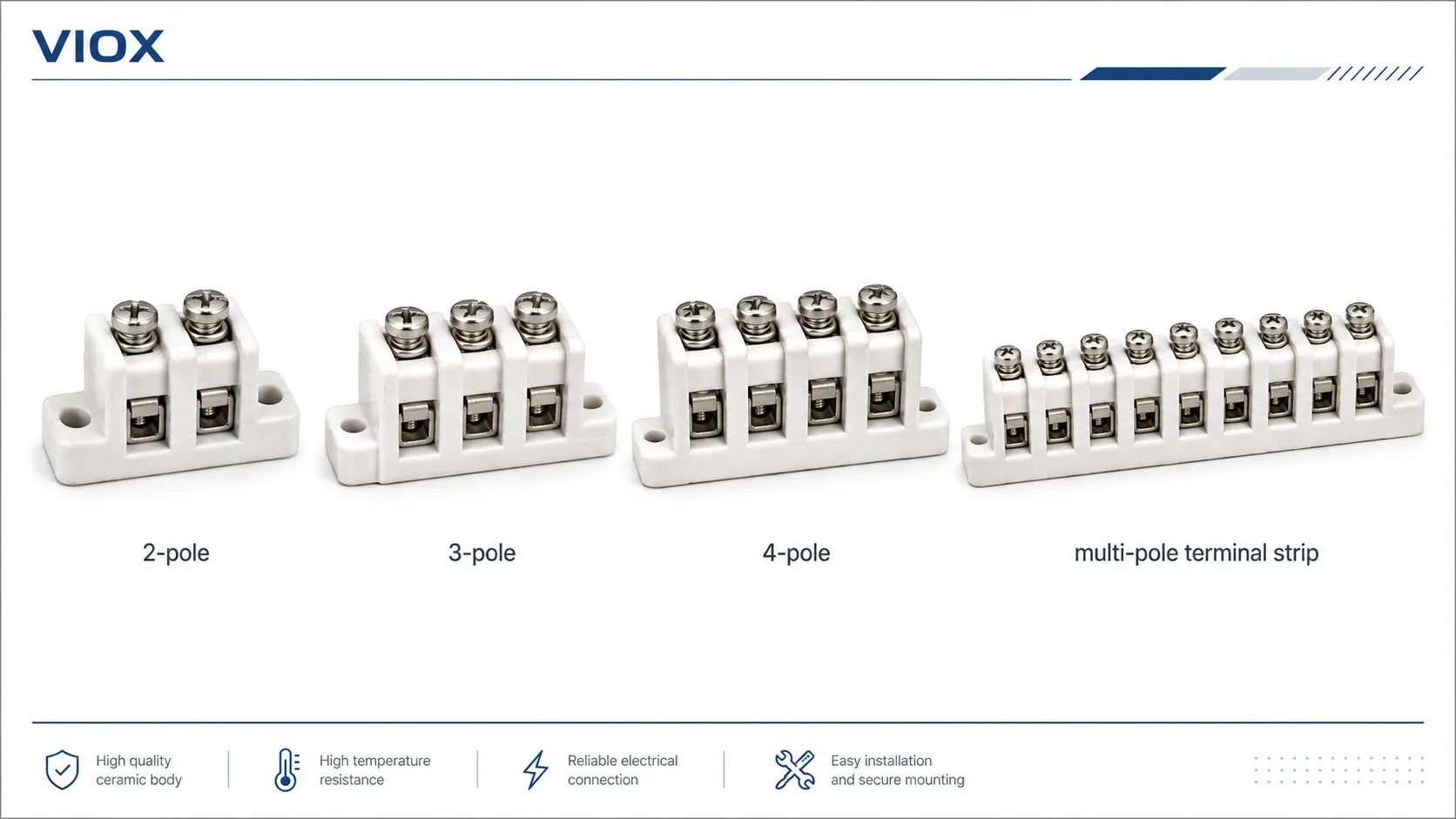 Two-pole, three-pole, four-pole, and multi-pole ceramic terminal block types.