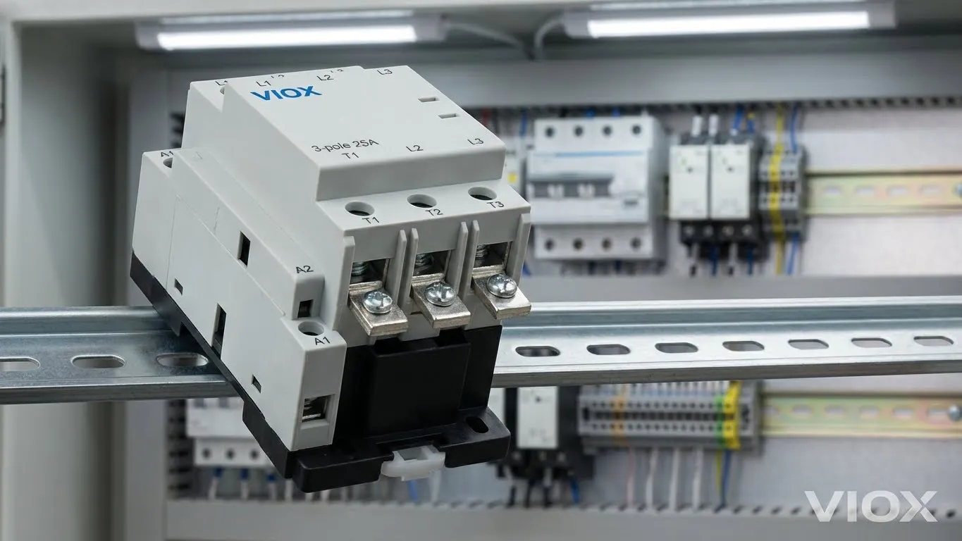 3-pole 25A VIOX modular contactor mounted on 35mm DIN rail showing silver alloy contacts and terminals