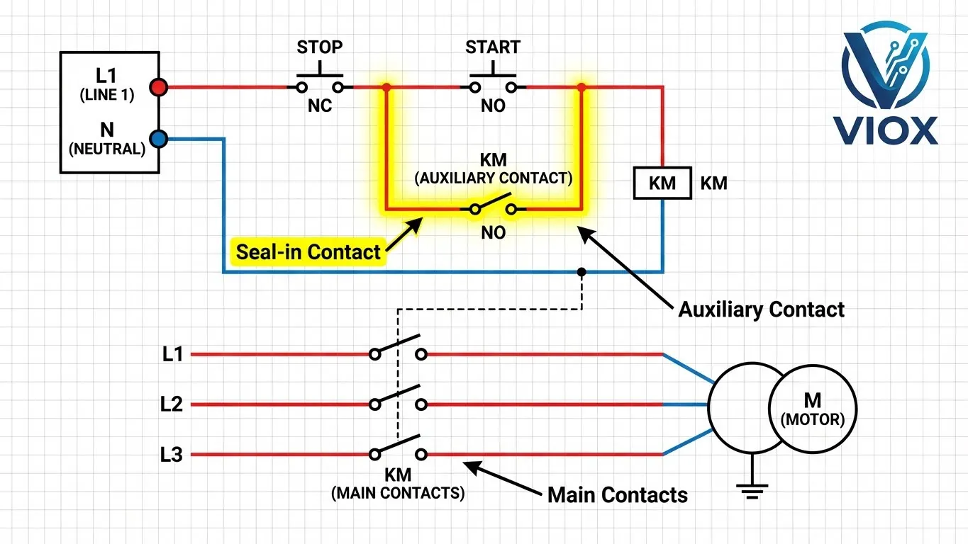 سیل-ان رابطہ کے ساتھ 3-وائر کنٹرول سرکٹ اسکیمیٹک جو کنٹیکٹر سیفٹی میکانزم کو ظاہر کرتا ہے۔