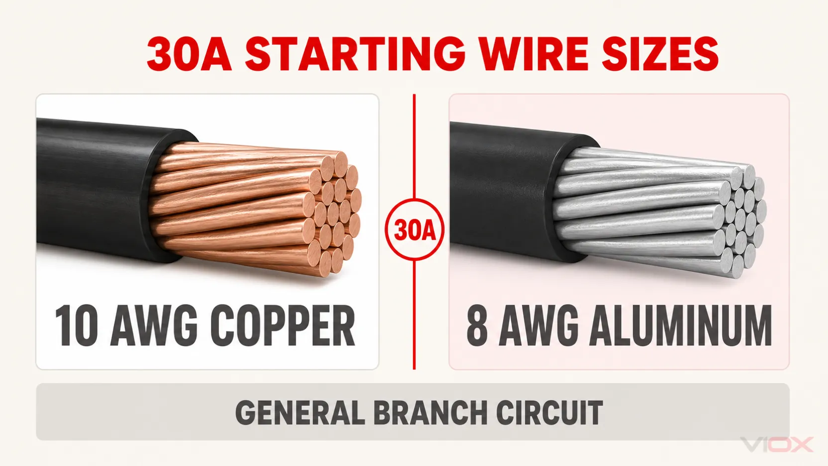 Comparison of 10 AWG copper and 8 AWG aluminum wire for a 30 amp circuit