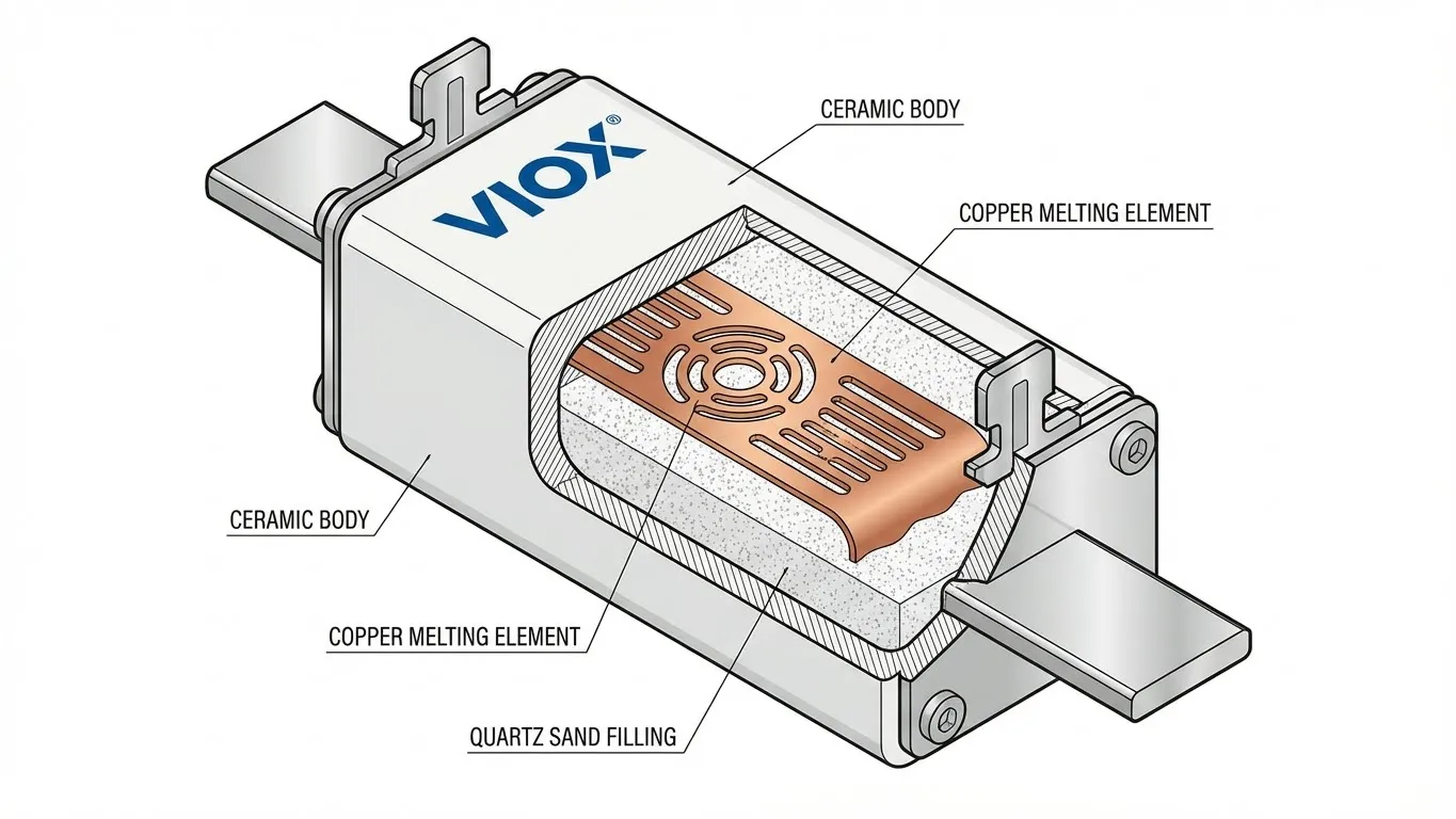 3D-диаграмма поперечного сечения плавкой вставки NH VIOX, демонстрирующая внутренний медный элемент и кварцевый песок.