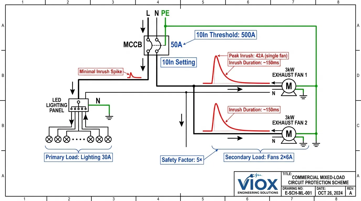 돌입 전류 프로파일이 있는 조명 팬 부하를 보호하는 50A MCCB