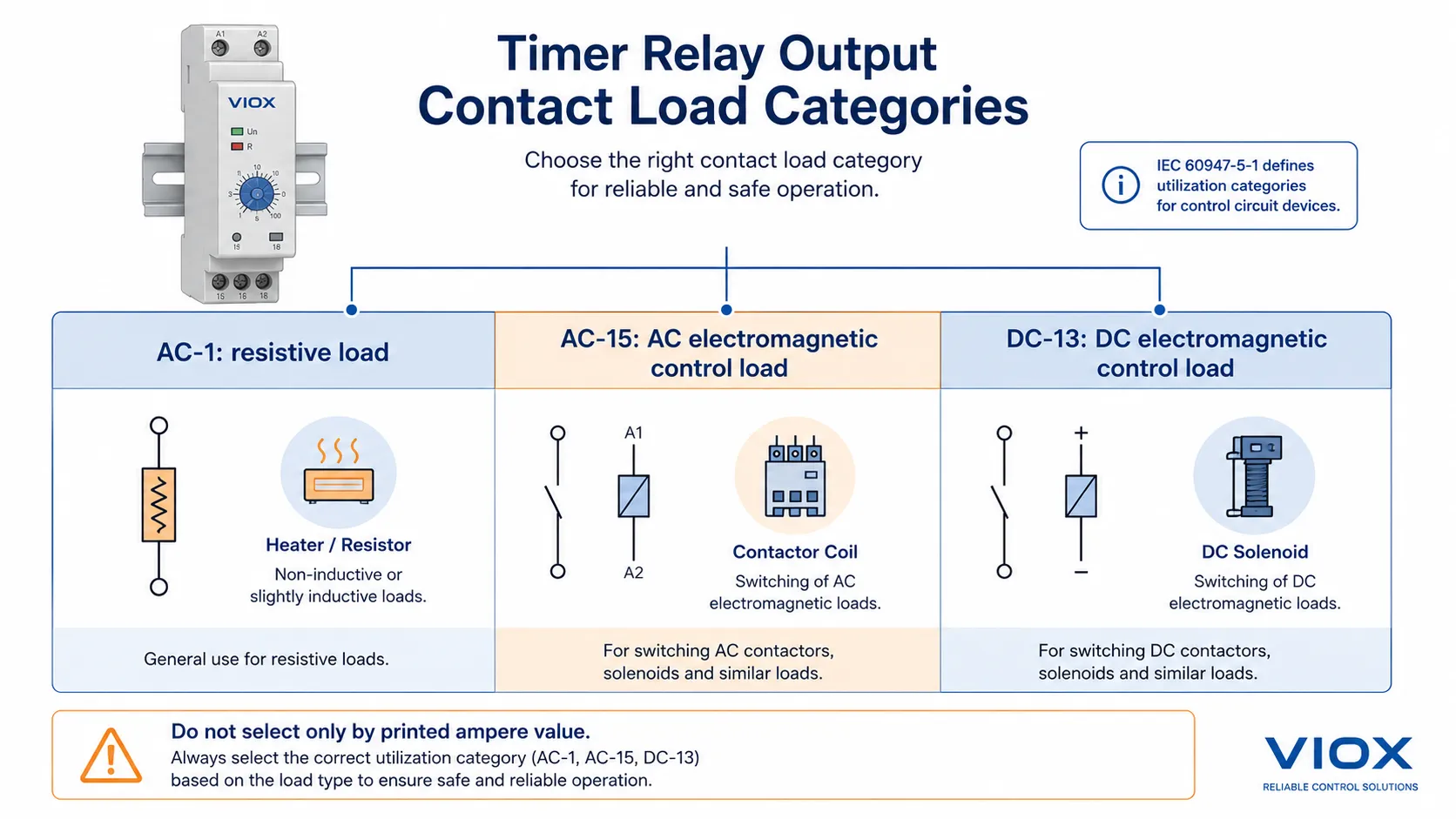 AC-1 AC-15 and DC-13 timer relay contact load categories for resistive and inductive loads