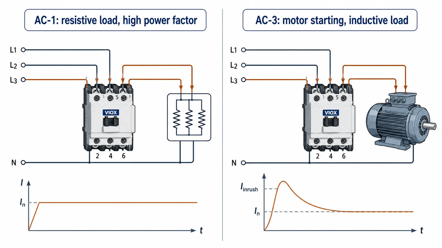 AC-1 vs AC-3 contactor rating comparison showing resistive load and squirrel-cage motor starting current.