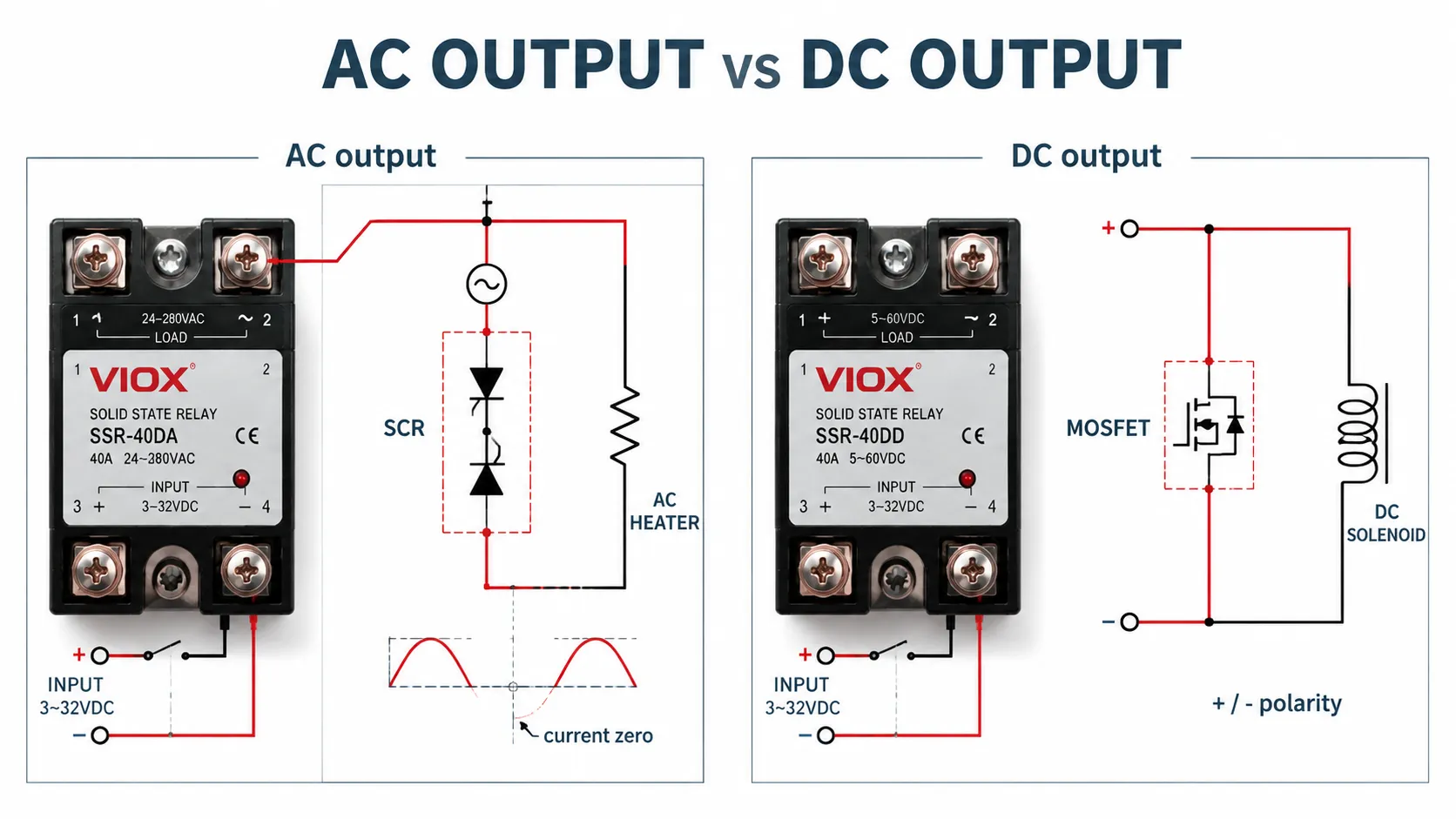 AC SSR and DC SSR output technology comparison using SCR and MOSFET switching devices.