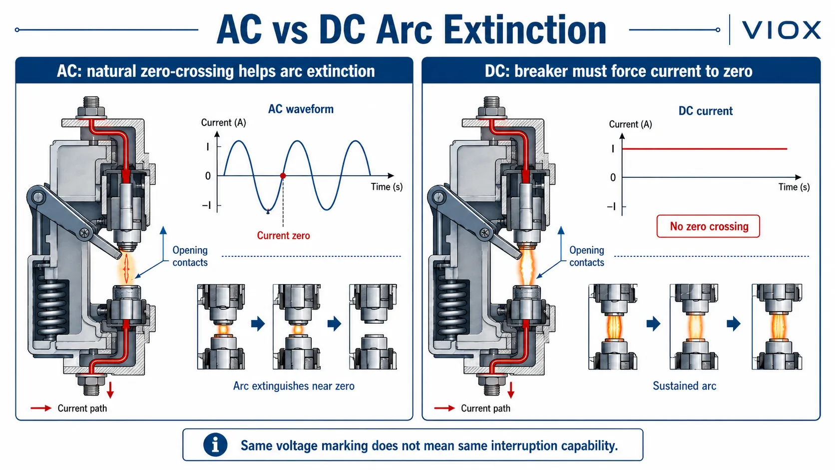 AC and DC breaker arc comparison showing natural zero crossing in AC and sustained arc risk in DC