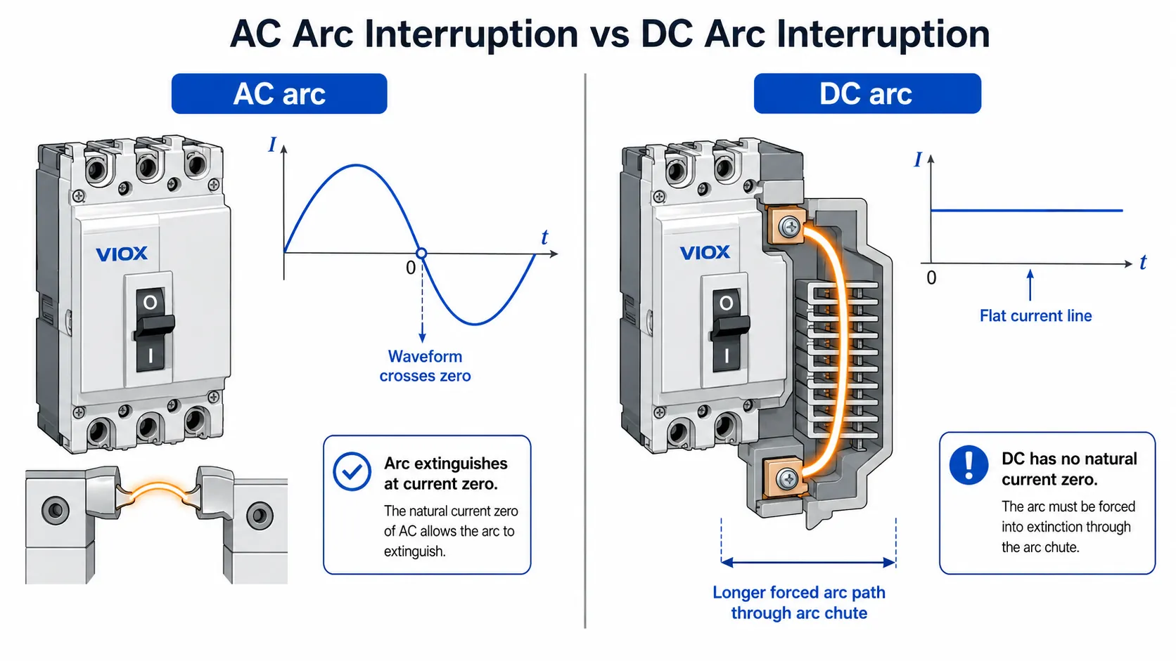 AC arc versus DC arc comparison showing current zero crossing and forced DC arc extinction by VIOX.