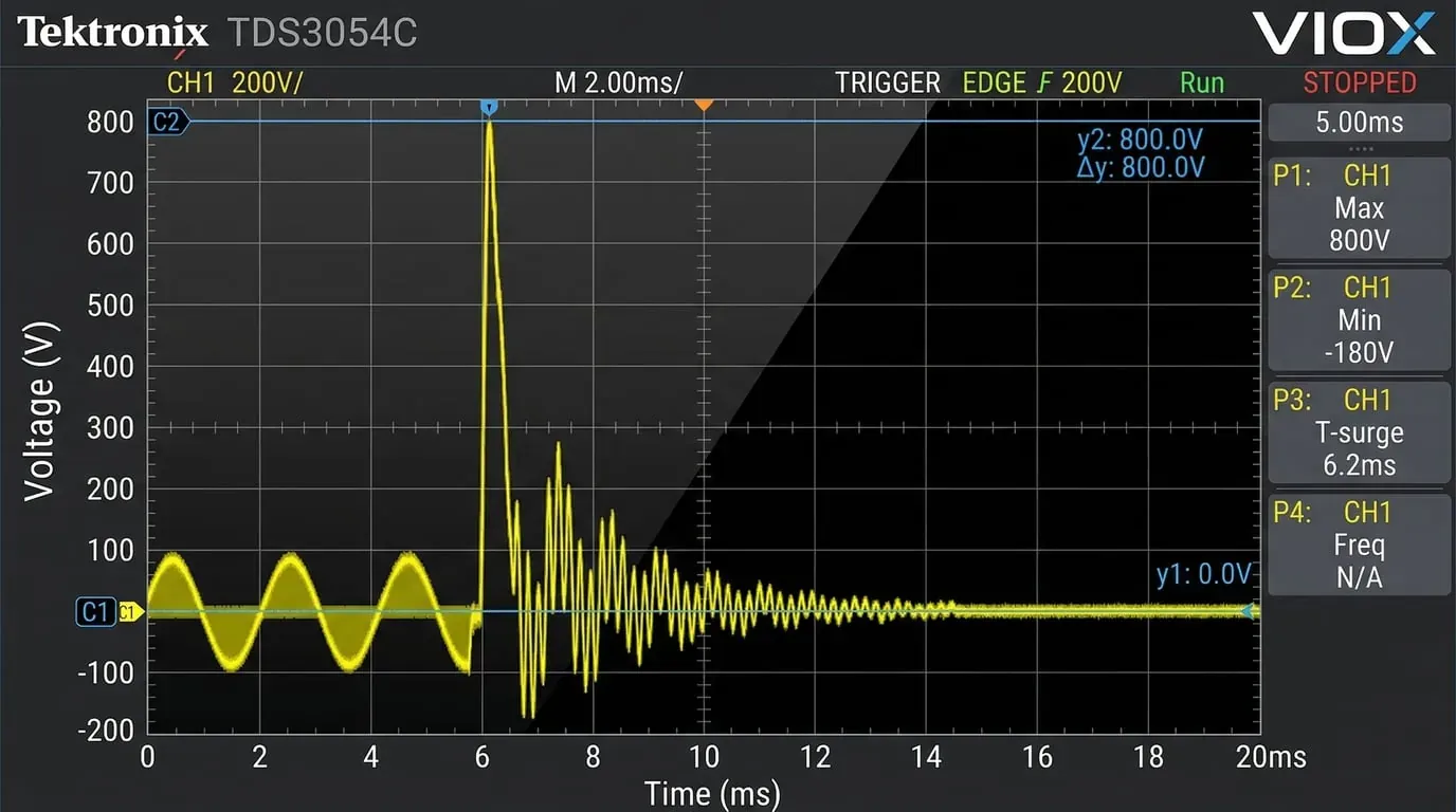 Forme d'onde de tension de surtension de désexcitation de bobine AC montrant un pic de tension élevé sur l'écran de l'oscilloscope