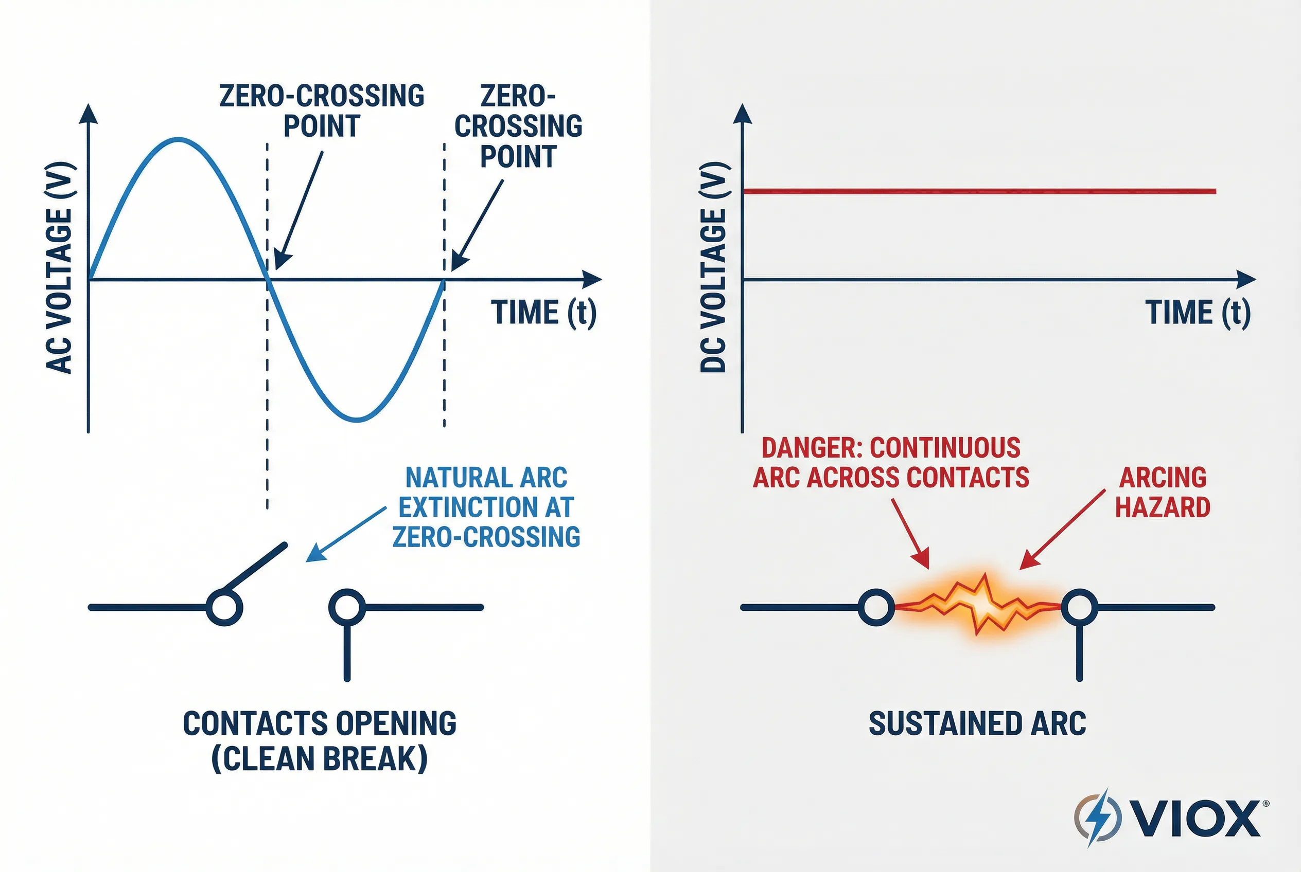 Schéma technique illustrant la différence entre les formes d'onde AC et DC lors de l'interruption du circuit
