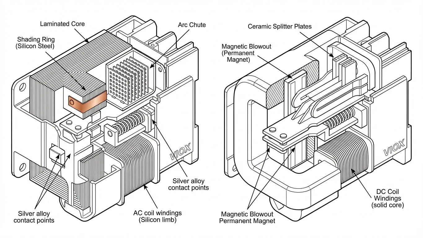 Cross-section comparison of AC and DC contactor internal structures