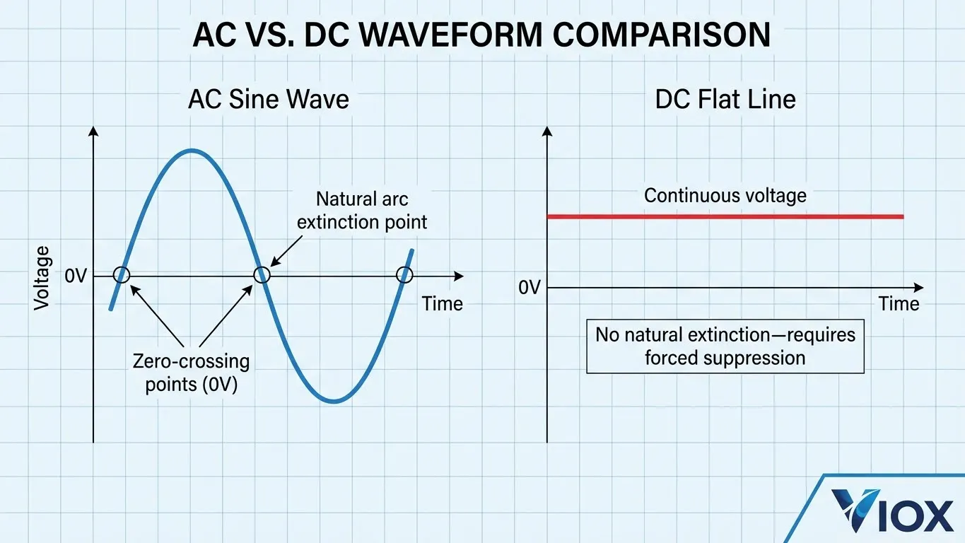 ການປຽບທຽບຮູບແບບຄື້ນ AC ທຽບກັບ DC ສະແດງໃຫ້ເຫັນຈຸດຂ້າມສູນສໍາລັບການດັບໄຟຟ້າລັດວົງຈອນຂອງເຄື່ອງຕັດວົງຈອນ
