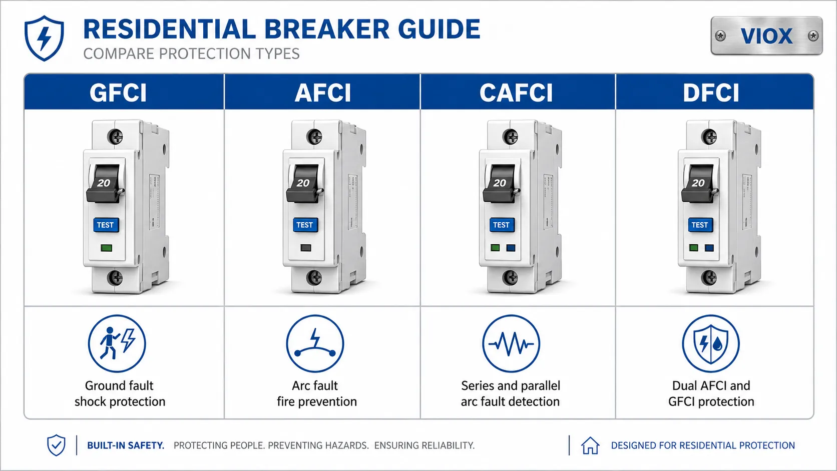 AFCI, CAFCI, DFCI, and GFCI breaker label meanings comparison.