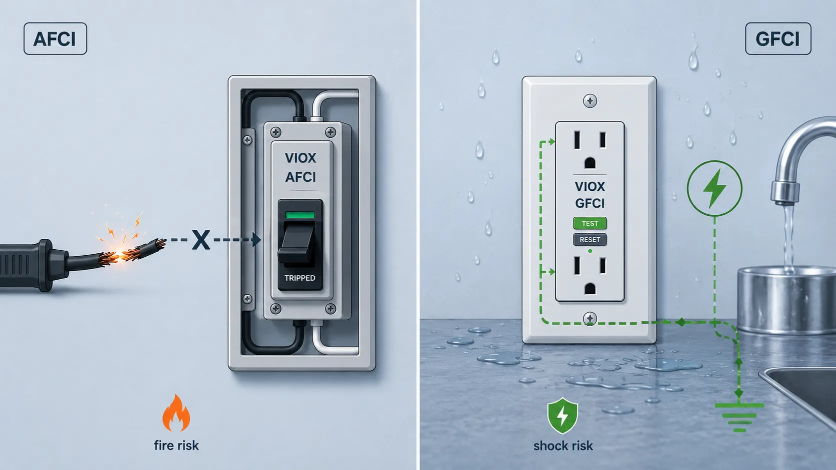 AFCI vs GFCI comparison showing arc-fault fire protection and ground-fault shock protection