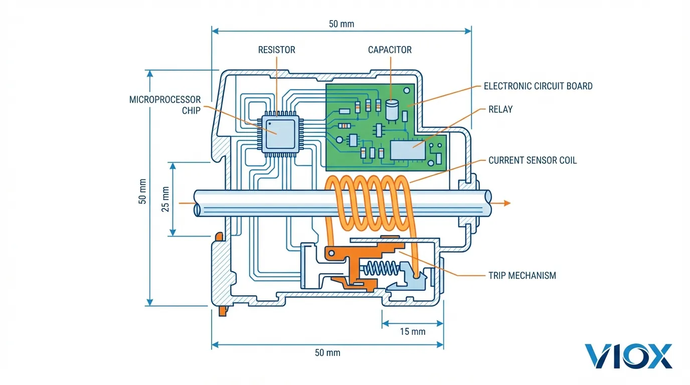 マイクロプロセッサ、電流センサー、およびトリップ機構を示すAFDD内部コンポーネントの断面図