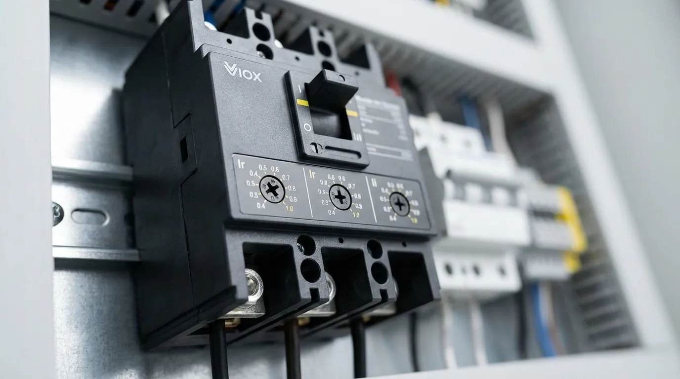 Adjustable MCCB circuit breaker showing thermal and magnetic trip adjustment dials for precise current setting configuration