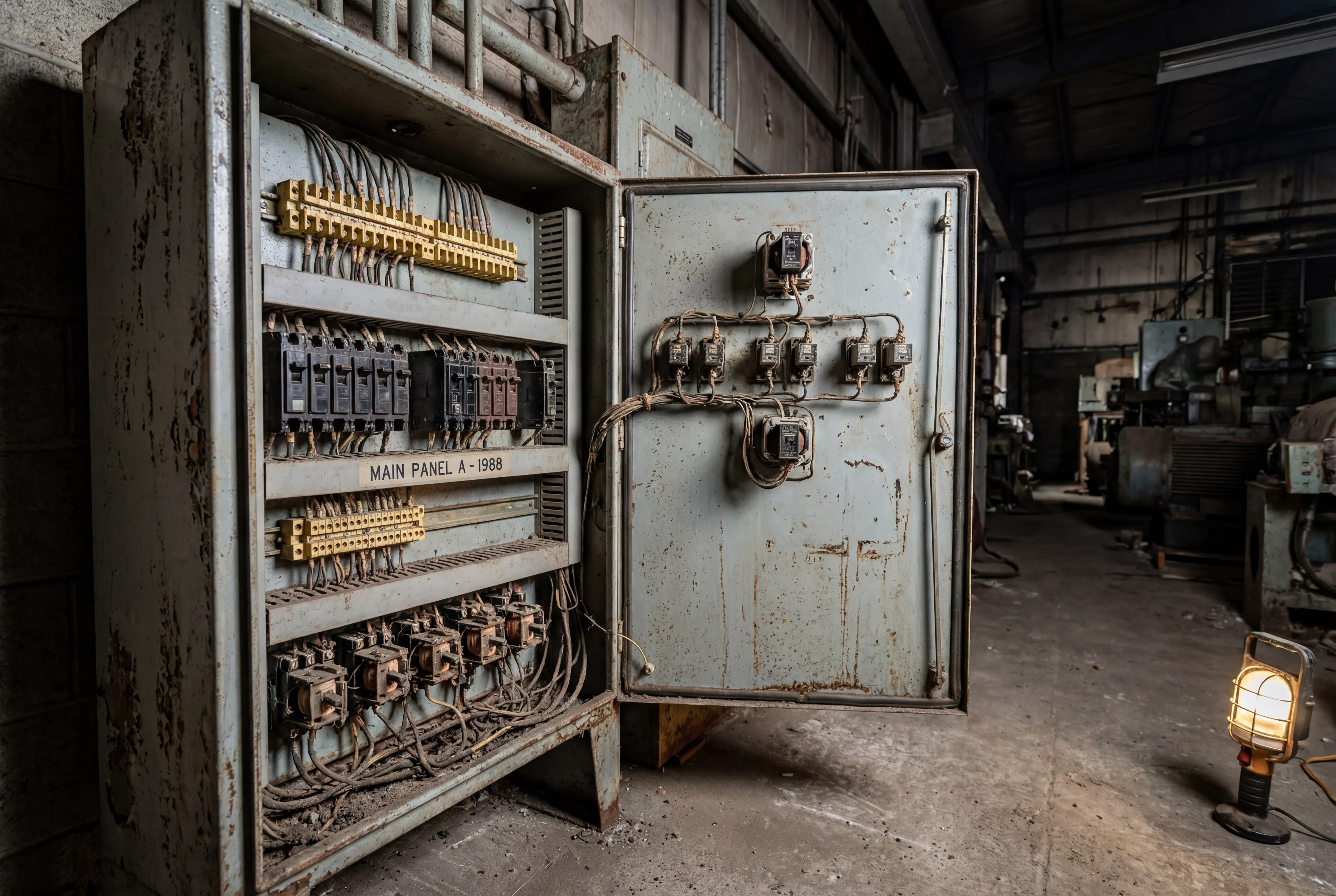 Elöregedett ipari elektromos vezérlőpanel az 1980-as évekből, amely elavult alkatrészeket, viharvert sorkapcsokat és a modern tűzvédelmi berendezések hiányát mutatja, ami egy tipikus felújítási jelöltet képvisel a VIOX DIN sínre szerelhető tűzoltó készülékkel