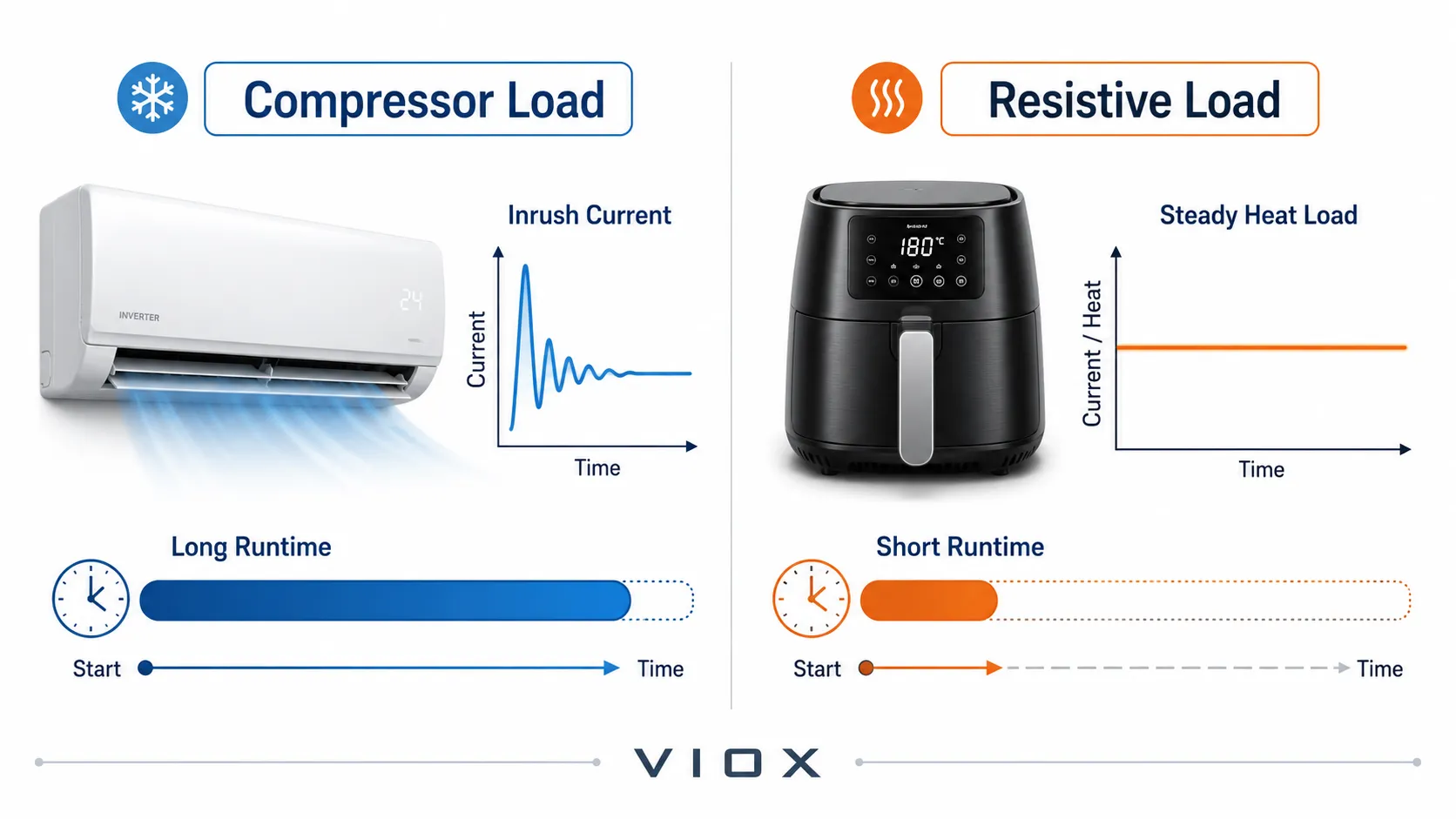 Air conditioner compressor load compared with an air fryer resistive load and startup inrush current.