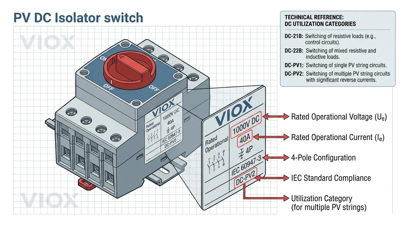 Label sakelar isolator DC beranotasi yang menunjukkan cara mengidentifikasi peringkat fotovoltaik utama