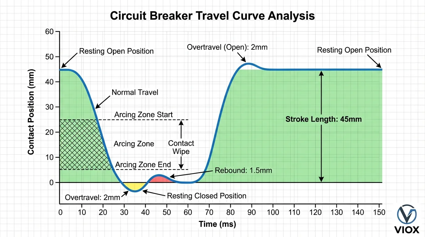 رسم تخطيطي لمنحنى سفر قاطع الدائرة المشروح يوضح الشوط والتجاوز والارتداد ومعلمات القياس الرئيسية للتحليل الميكانيكي