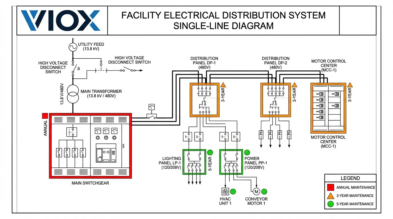 Annotated electrical single-line diagram showing equipment maintenance intervals per NFPA 70B standards