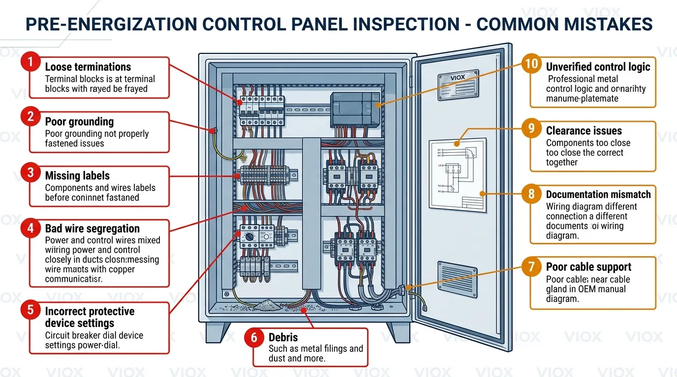 Annotated engineering diagram highlighting common mistakes in electrical control panels prior to energization