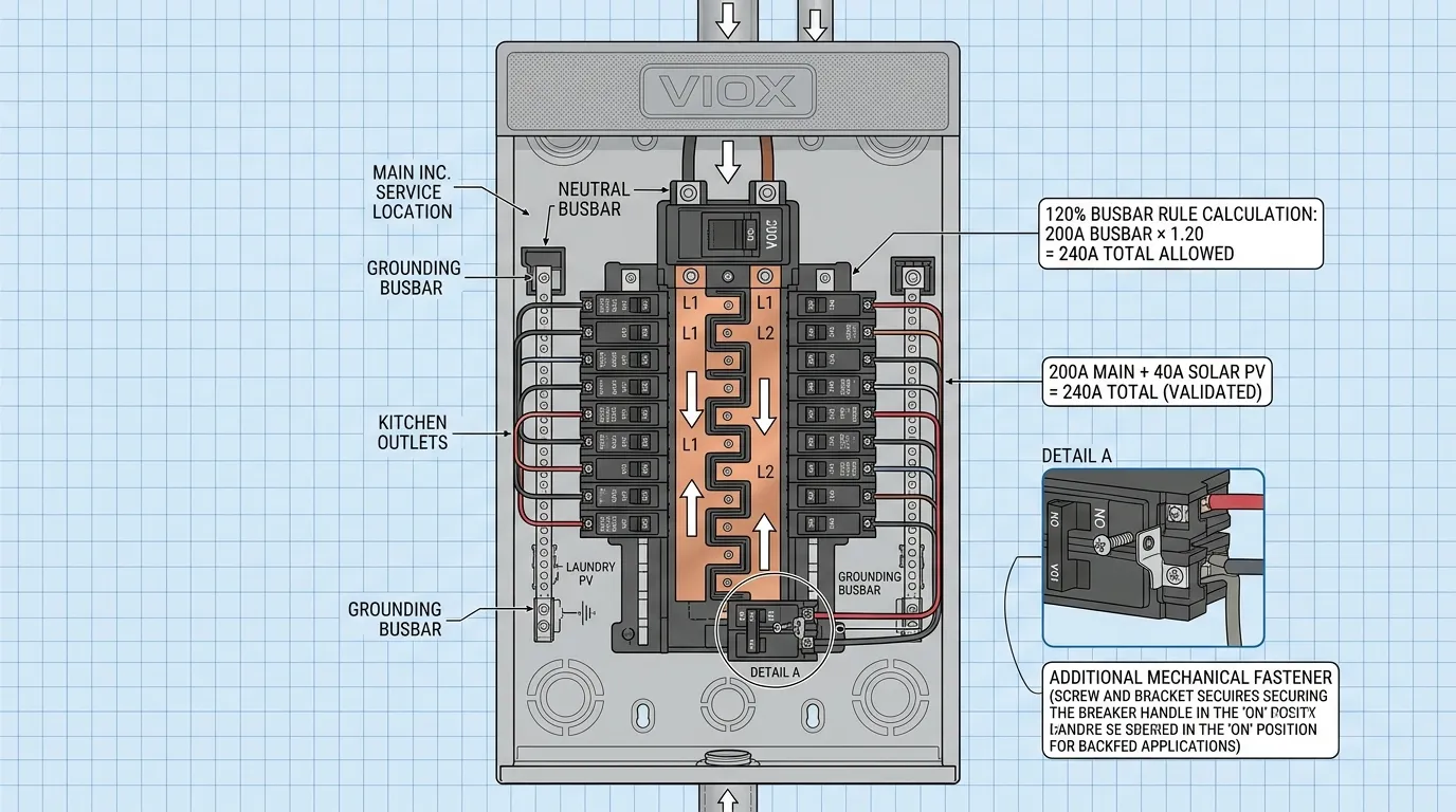 Annotated panel layout diagram na nagpapakita ng solar PV backfed breaker position at pagkalkula ng panuntunan ng NEC 120 percent busbar
