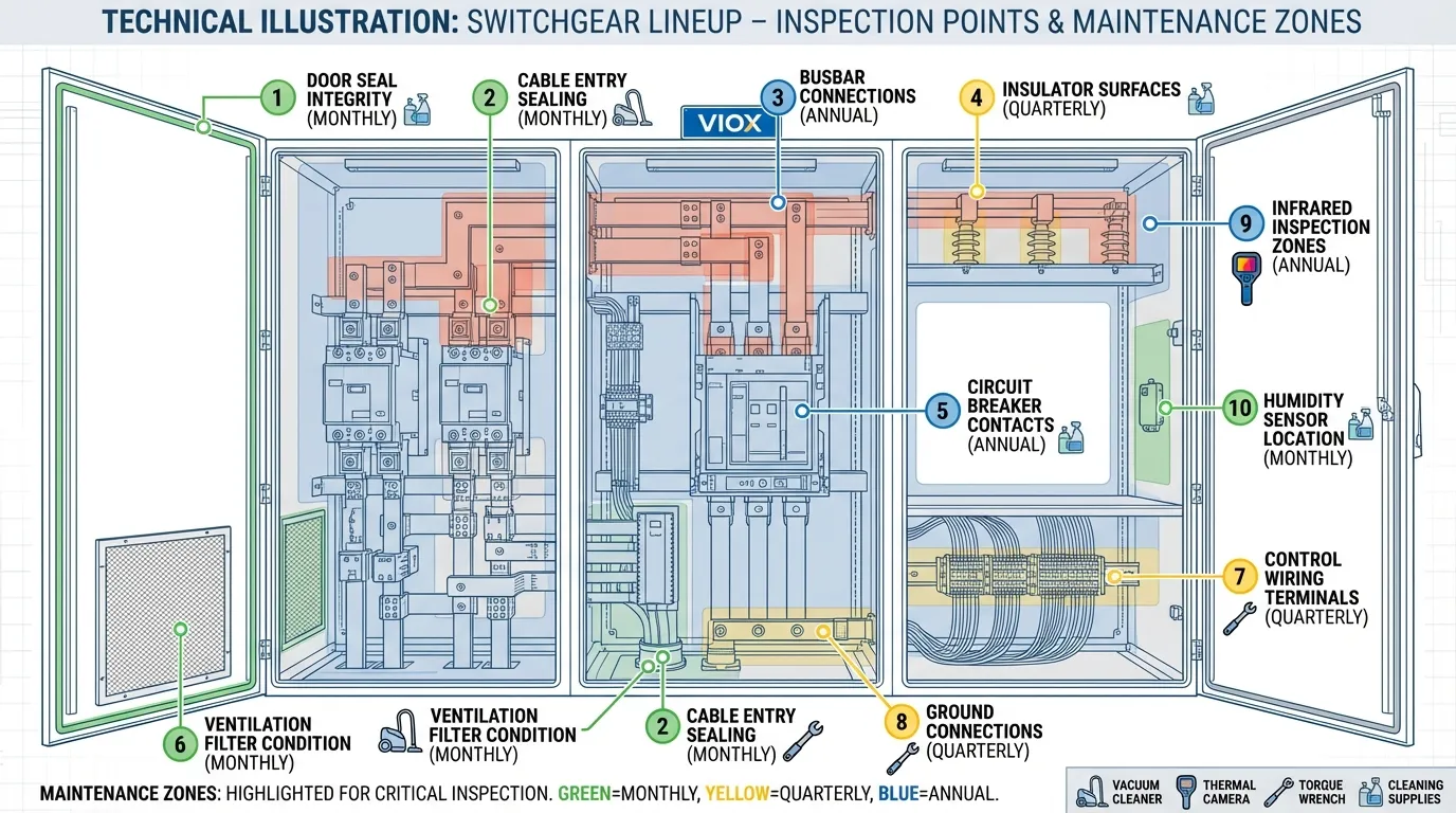 Σημειωμένο διάγραμμα επιθεώρησης ηλεκτρικού εξοπλισμού που δείχνει κρίσιμα σημεία συντήρησης για την πρόληψη και την ανίχνευση σκόνης