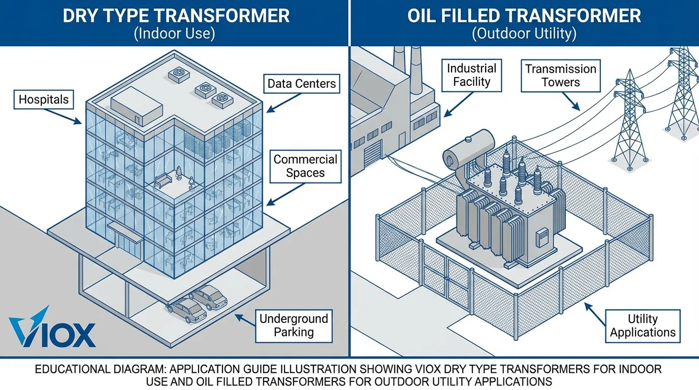 屋内用のVIOX乾式変圧器と屋外ユーティリティアプリケーション用の油入変圧器を示すアプリケーションガイドの図