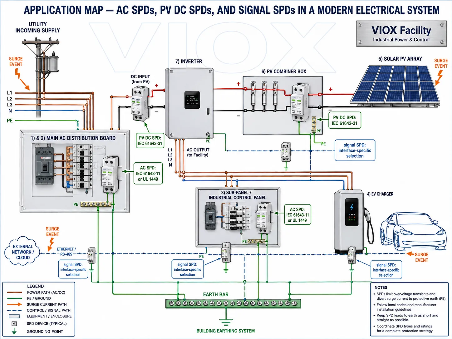 Application map showing AC SPDs in distribution panels PV DC SPDs in combiner boxes and inverter inputs and signal SPDs on control lines