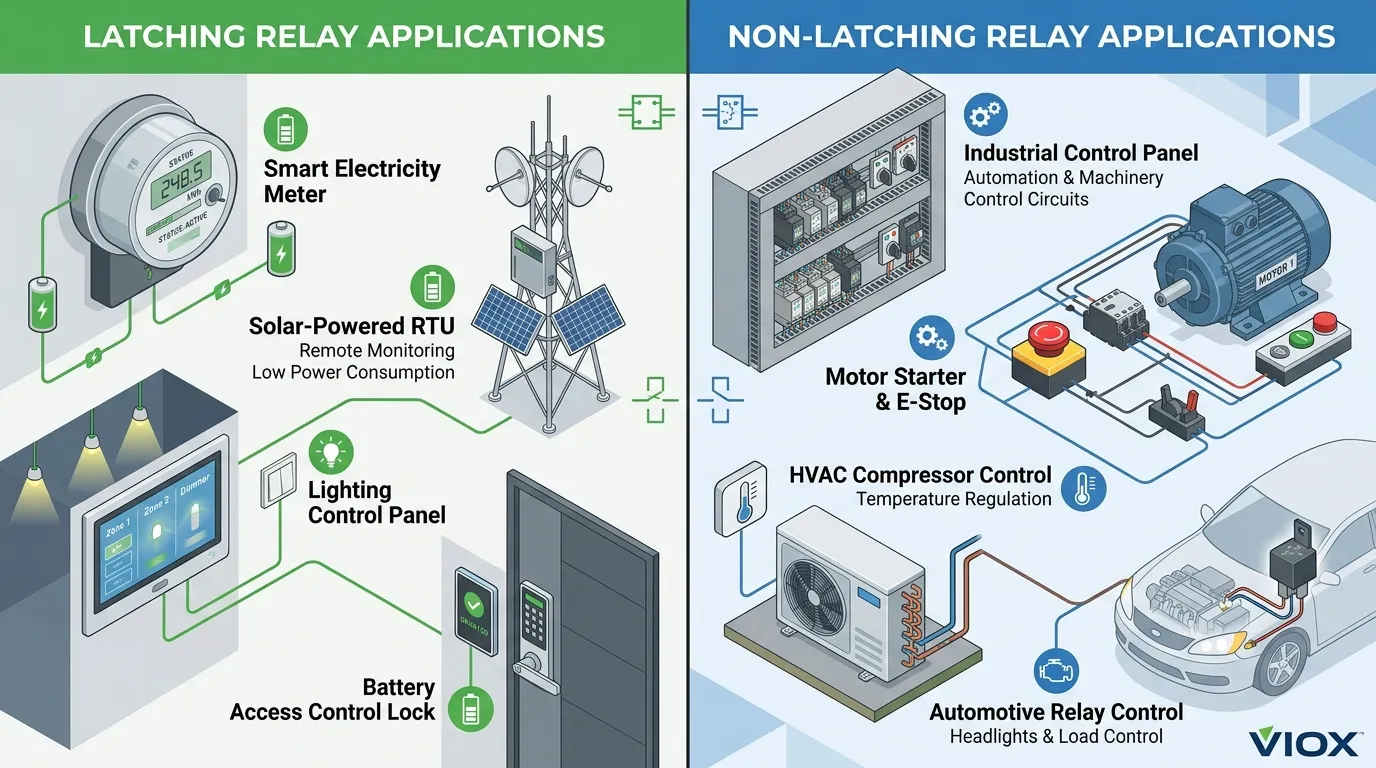 سيناريوهات التطبيق التي تعرض المرحلات المزلاجة في العدادات الذكية والأجهزة التي تعمل بالبطارية مقابل المرحلات غير المزلاجة في لوحات التحكم الصناعية ودوائر السلامة