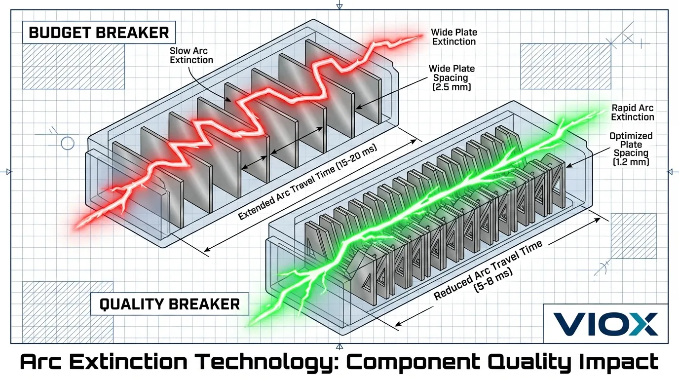 Arc chute design comparison showing budget breaker with 5-7 plates versus VIOX quality breaker with 11-13 optimized plates for 40% faster arc extinction and extended contact life