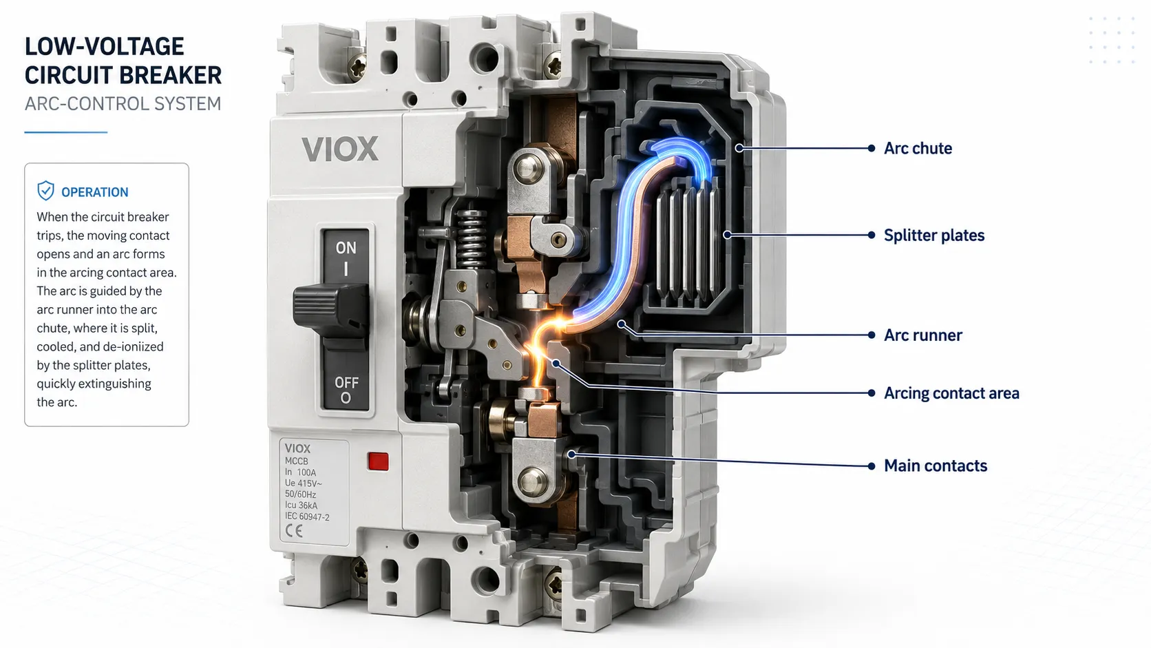 Arc runner and arc chute inside a circuit breaker guiding the arc into splitter plates.