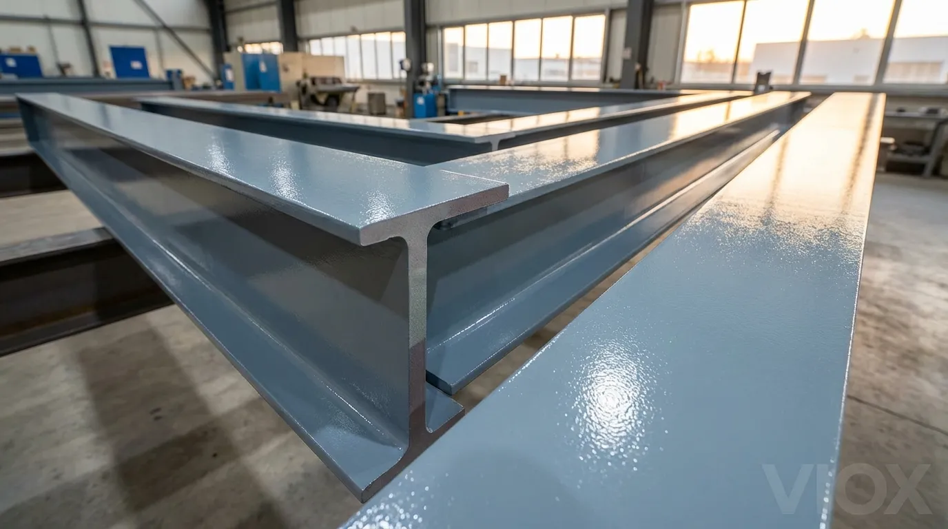 แถวของคานโครงสร้างเหล็กเคลือบสีสดใหม่สามคานพร้อมสีเทาฟ้าอีพ็อกซี่สดใสสำหรับการสัมผัส C5 CX