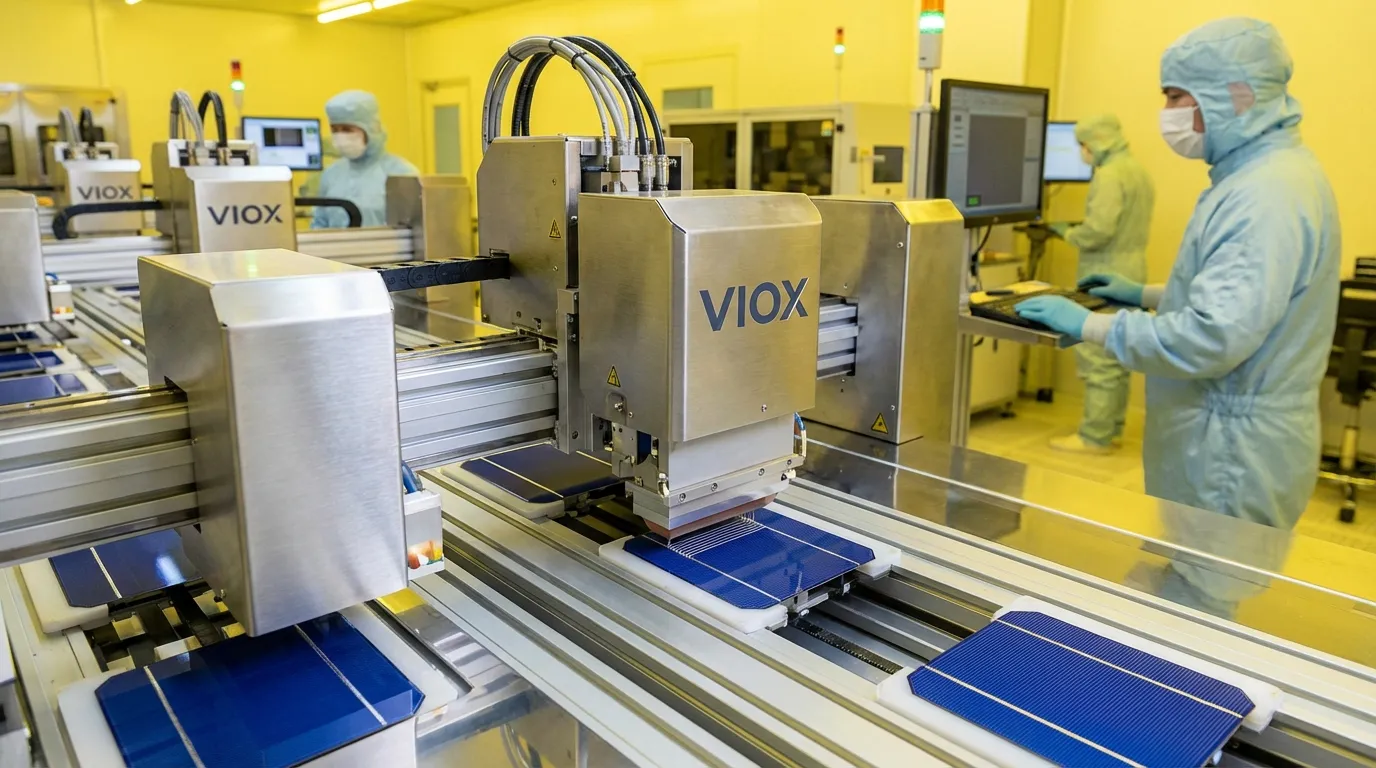 معدات طباعة الشاشة الآلية التي تضع معجون الفضة على الخلايا الشمسية في منشأة تصنيع الخلايا الكهروضوئية الحديثة