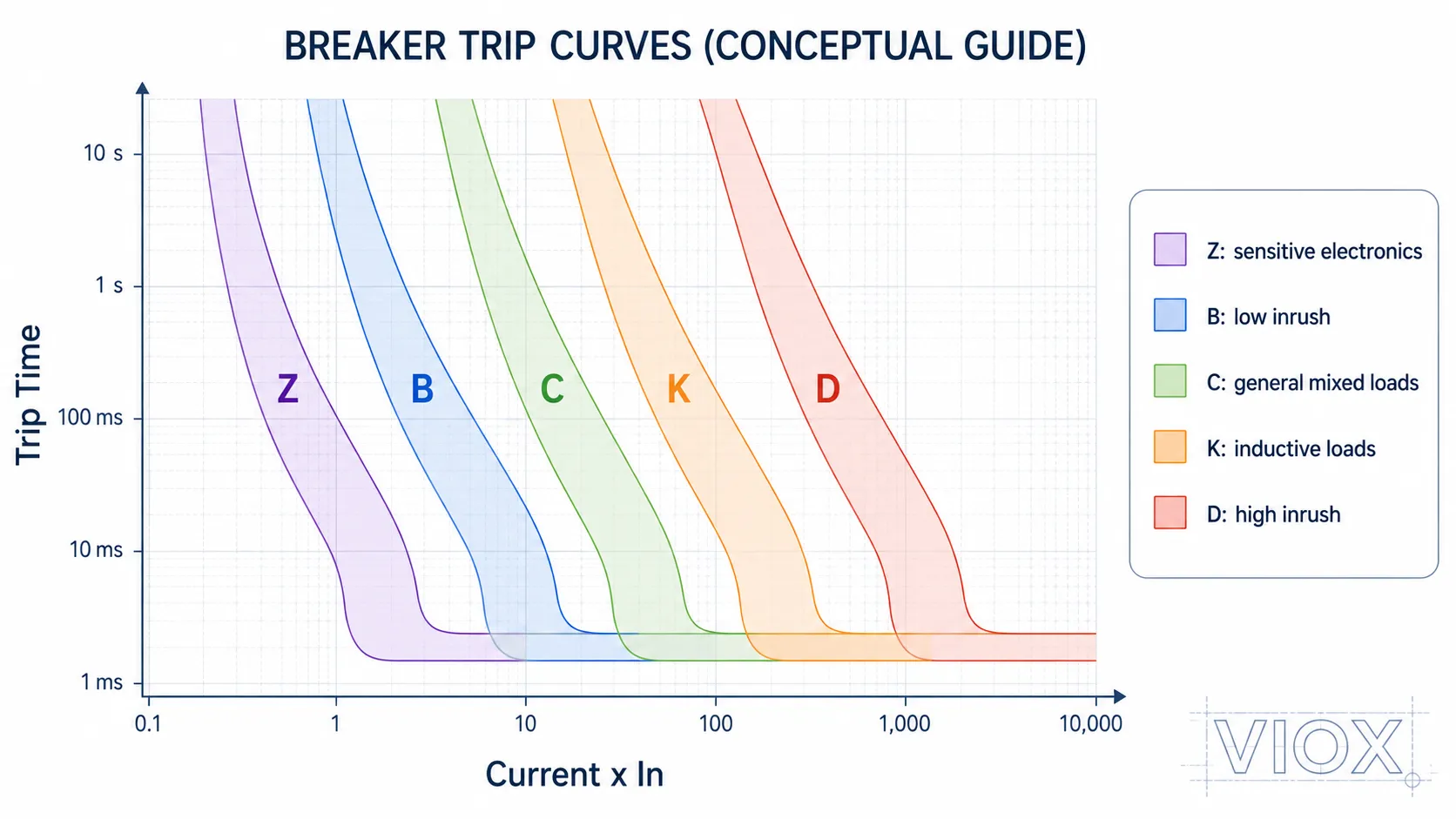 B, C, D, K, and Z circuit breaker trip curve comparison chart.
