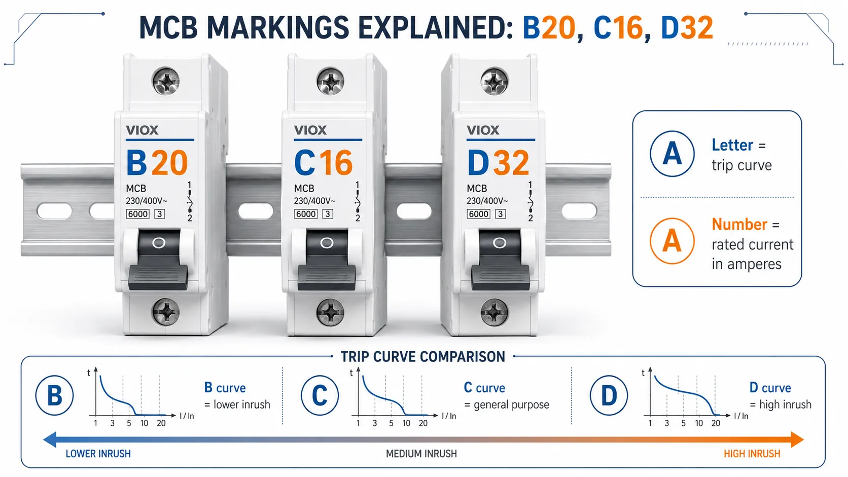 B20 C16 and D32 MCB markings showing trip curve letter B C D and rated current number 16A 20A 32A on the breaker front label