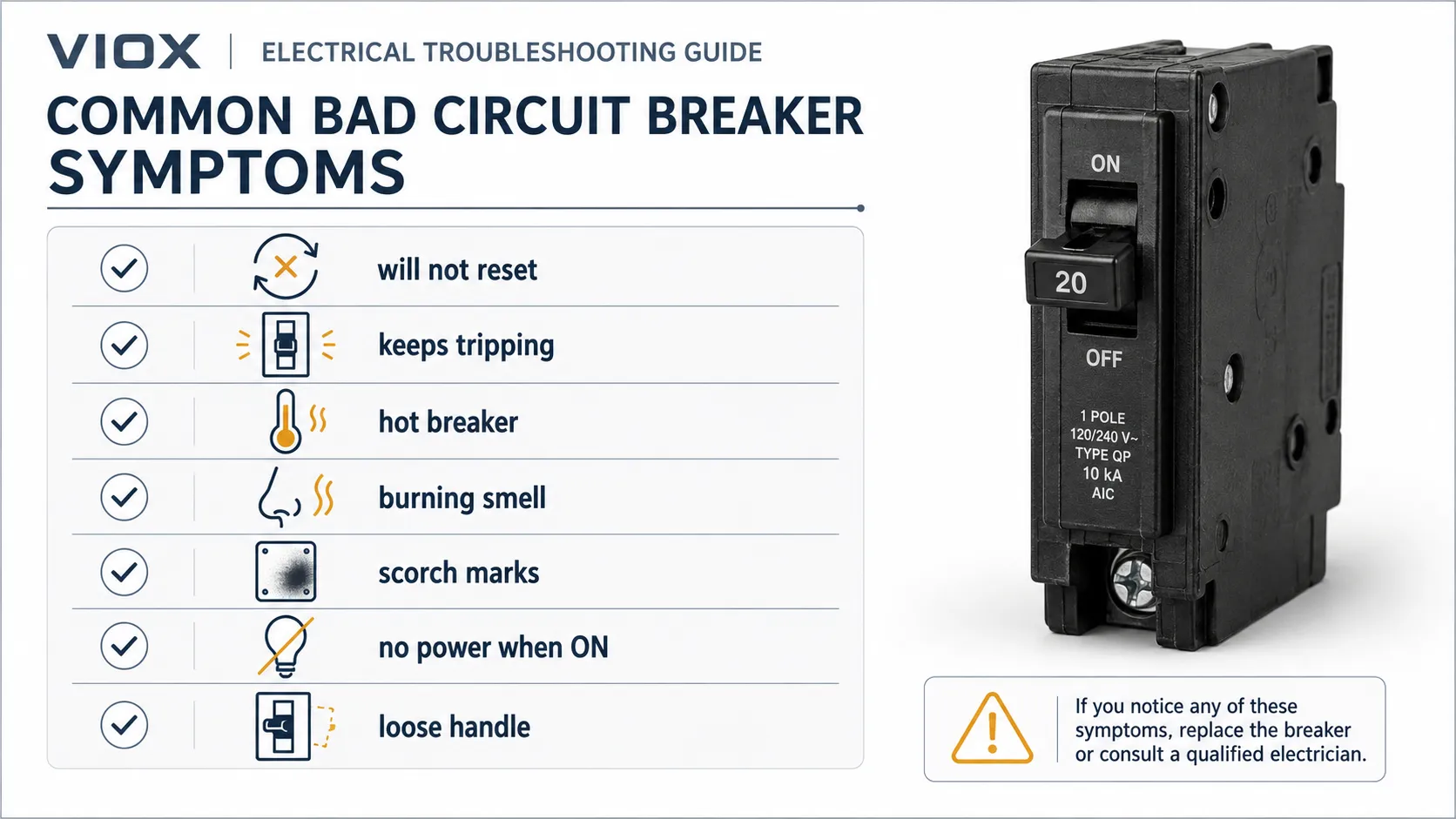 Bad circuit breaker symptoms checklist including heat, burning smell, repeated tripping, and no power.