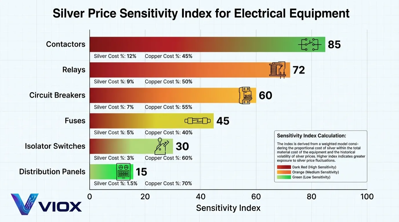 Carta bar yang menyusun peralatan elektrik mengikut indeks sensitiviti harga perak daripada kontaktor tertinggi hingga panel pengagihan terendah