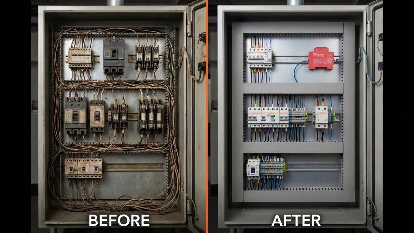 Elektromos vezérlőpanel felújítás előtti és utáni összehasonlítása, amely az elavult, védtelen panel belsejét mutatja a VIOX DIN sínre szerelhető tűzoltó készülékkel korszerűsített ugyanazon panelhez képest, amely a szabványos 35 mm-es sínre van felszerelve, a nagy kockázatú területeken keresztül vezetett termikus érzékelő zsinórral, amely automatikus tűzoltó védelmet biztosít