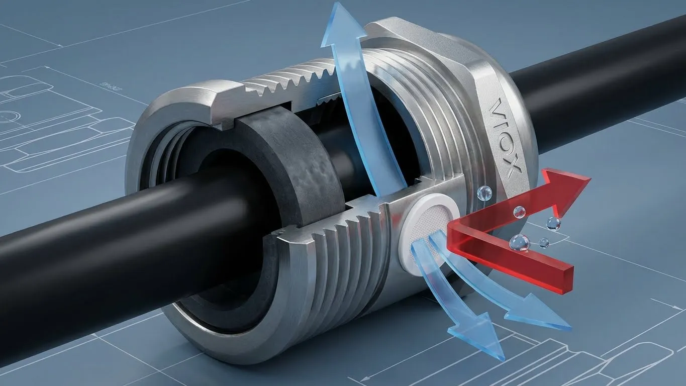 3D Cross-section cutaway of a VIOX Breathable Cable Gland showing internal components and airflow path