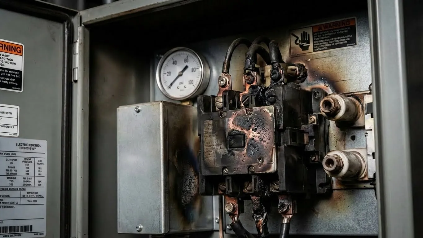 একটি খোলা কন্ট্রোল প্যানেলের ভিতরে ক্ষতিগ্রস্ত বৈদ্যুতিক কন্ট্রাক্টরের ক্লোজ-আপ ছবি যেখানে পাম্প শর্ট সাইক্লিংয়ের কারণে মারাত্মকভাবে পোড়া যোগাযোগ, আর্কিং ক্ষতি এবং ঝলসে যাওয়া উপাদান দেখানো হয়েছে।.