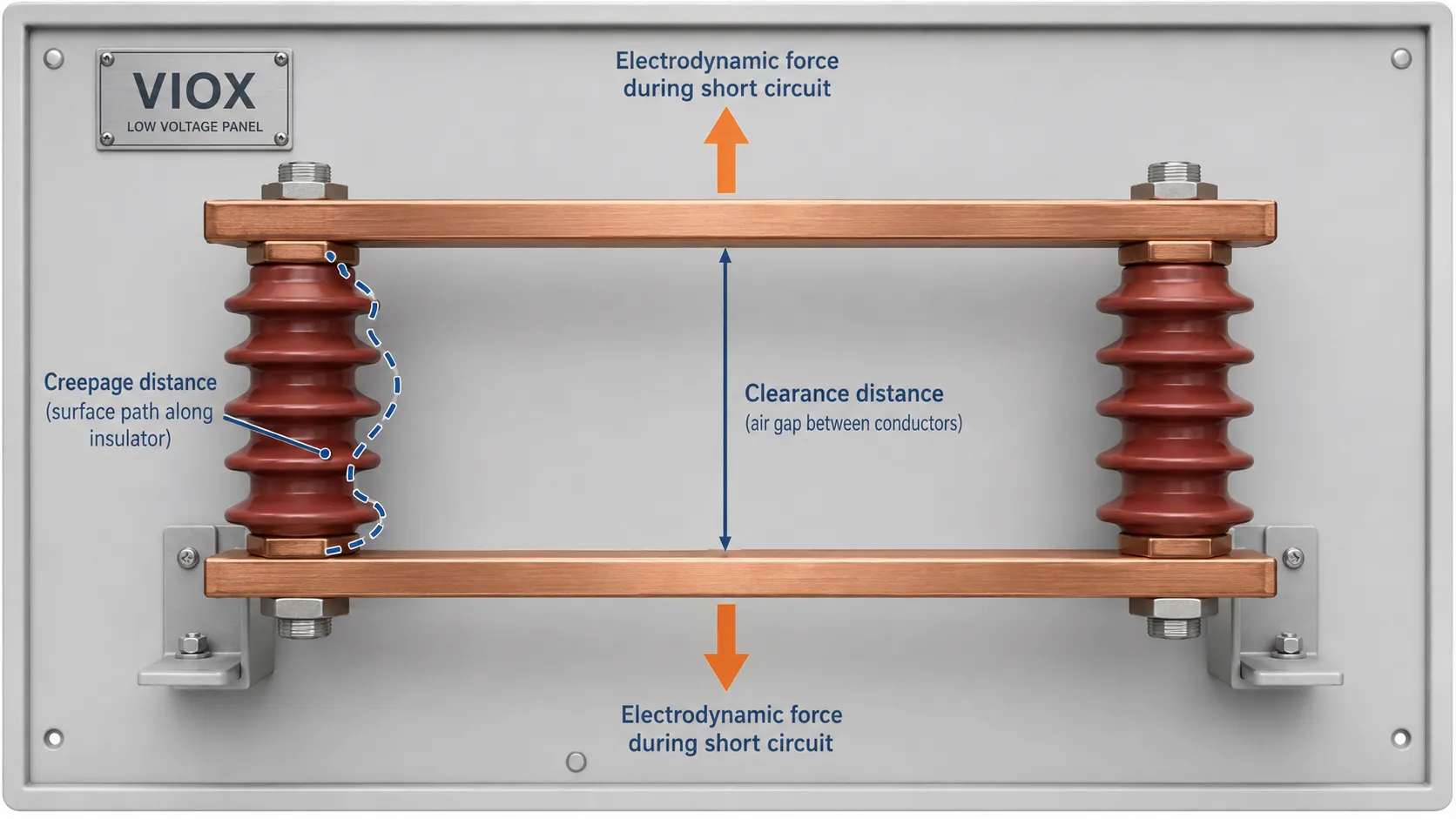 Busbar insulator diagram showing creepage distance, clearance distance, and short-circuit force on copper busbars.