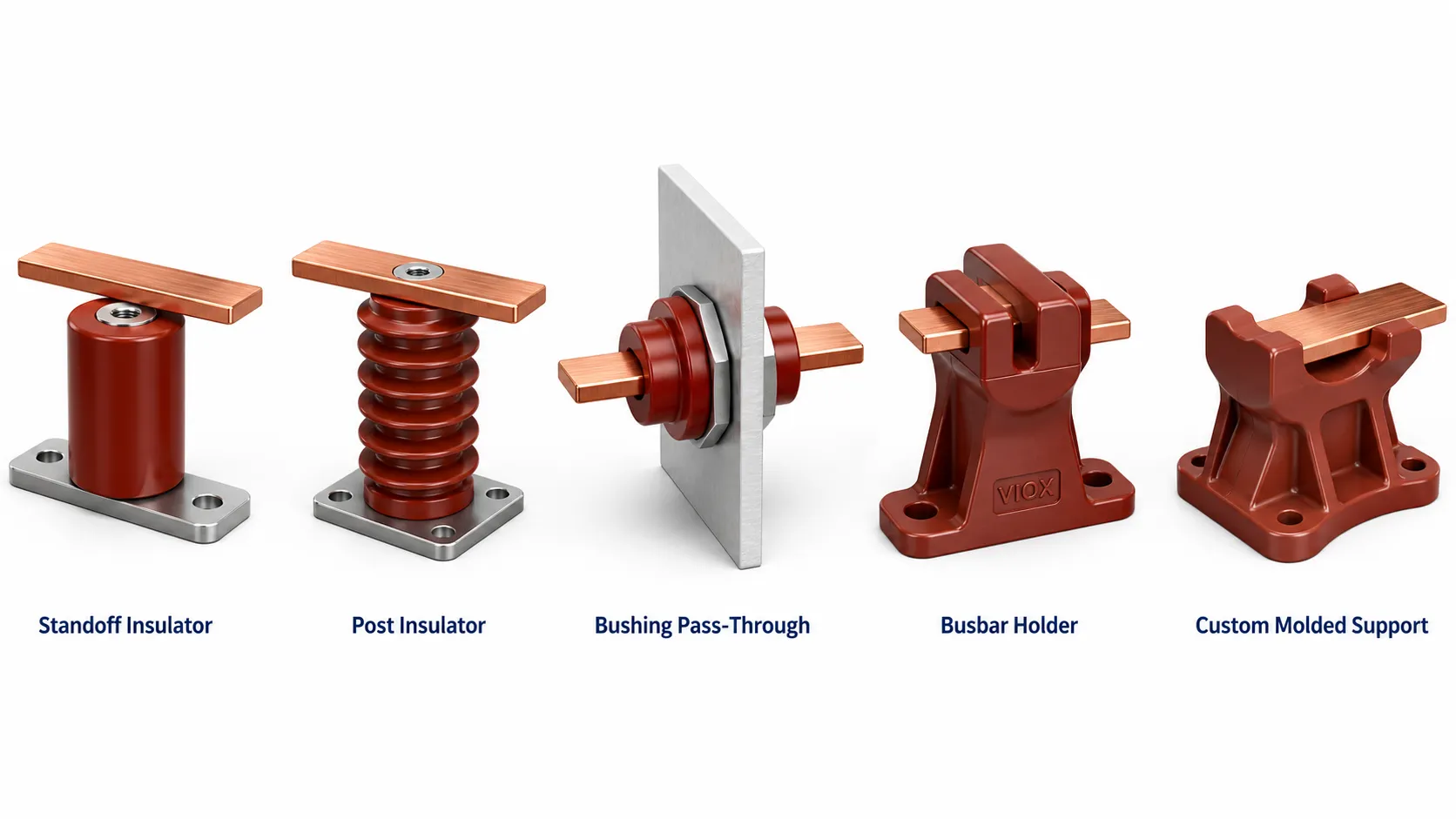 Busbar insulator types including standoff, post, bushing, holder, and custom molded support.