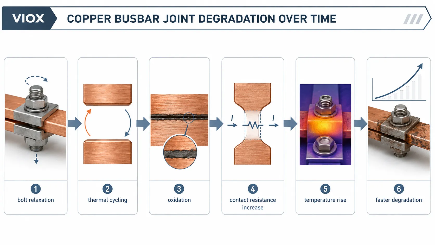 Busbar joint contact resistance degradation from bolt relaxation, thermal cycling, oxidation, and heat.