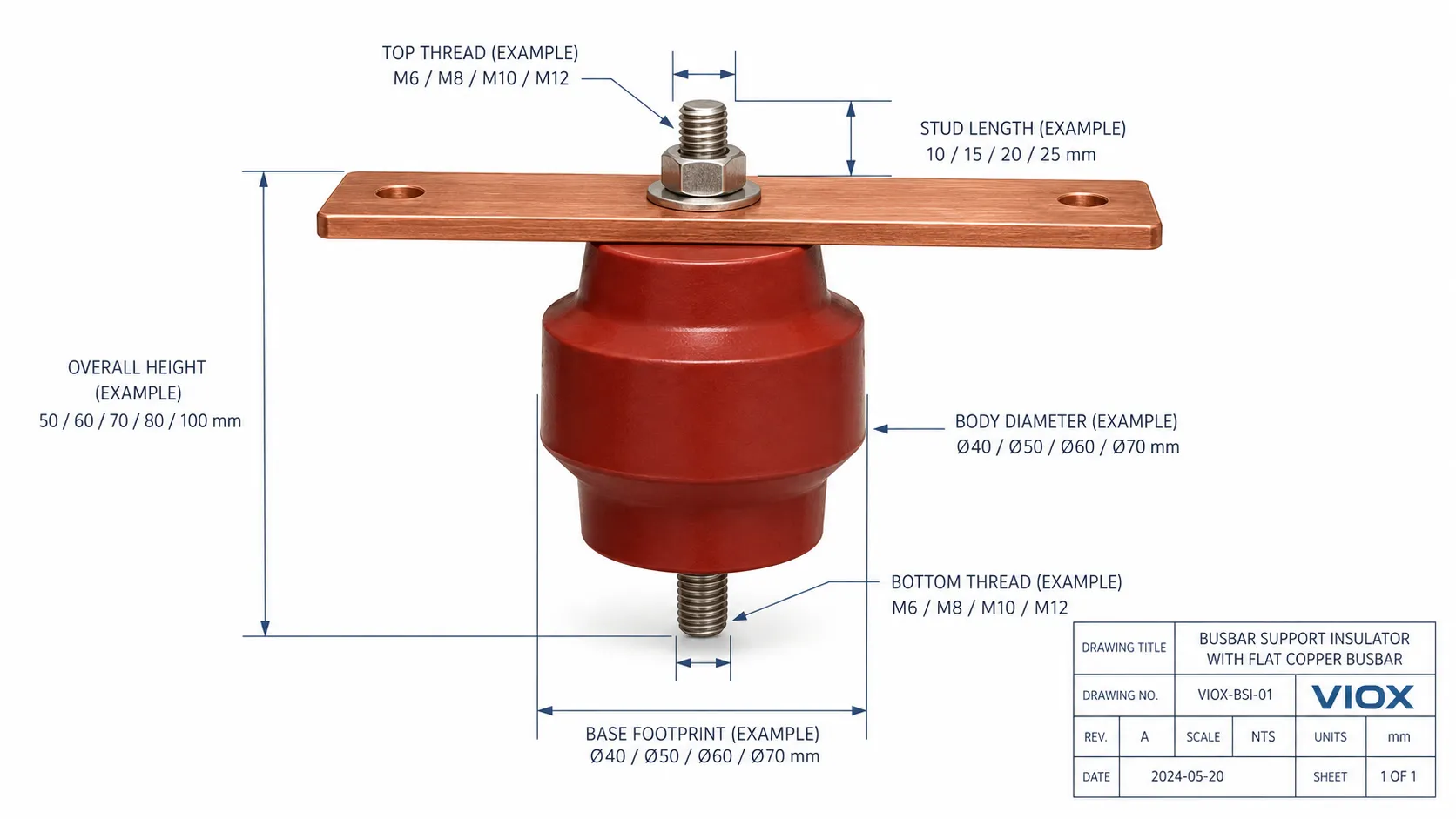 Busbar support insulator size chart showing height, thread size, diameter, base footprint, and stud length.