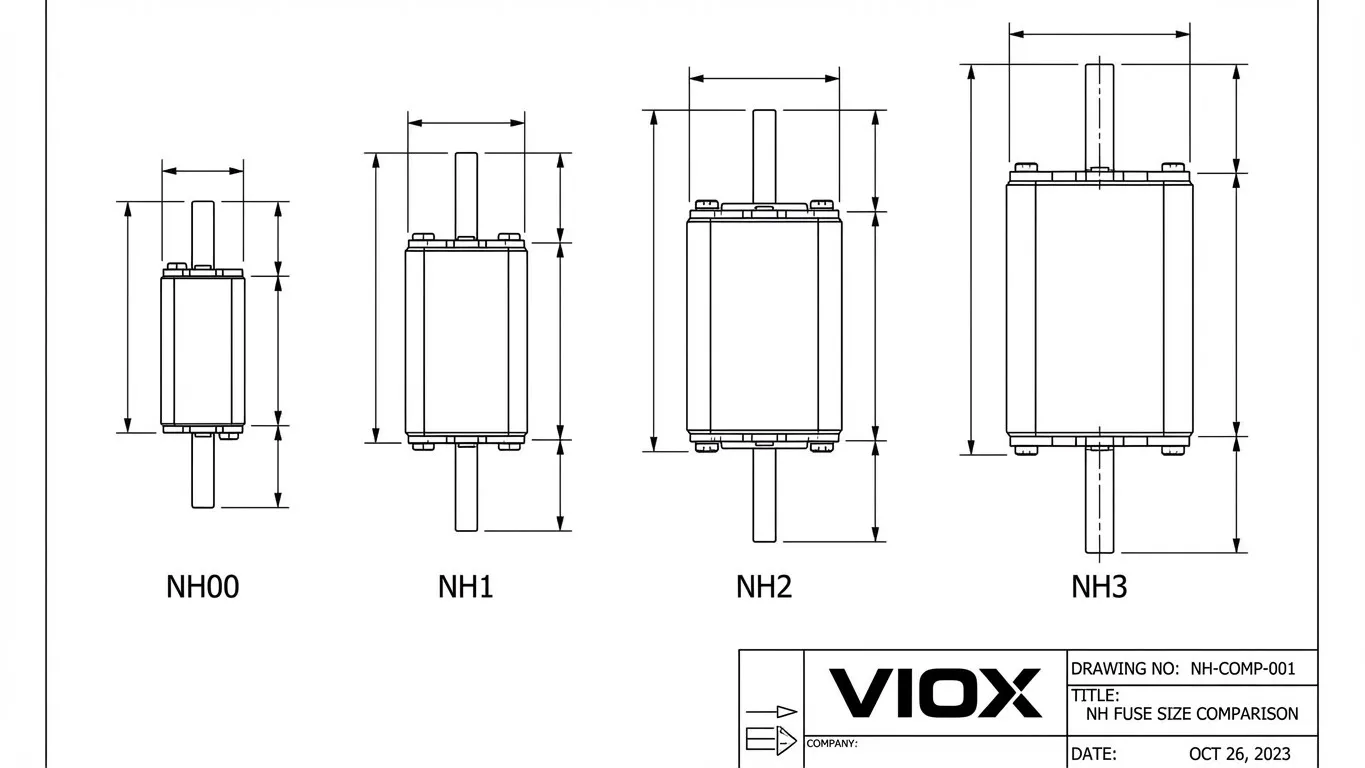 CAD-чертеж, сравнивающий размеры предохранителей NH с техническим блоком VIOX.