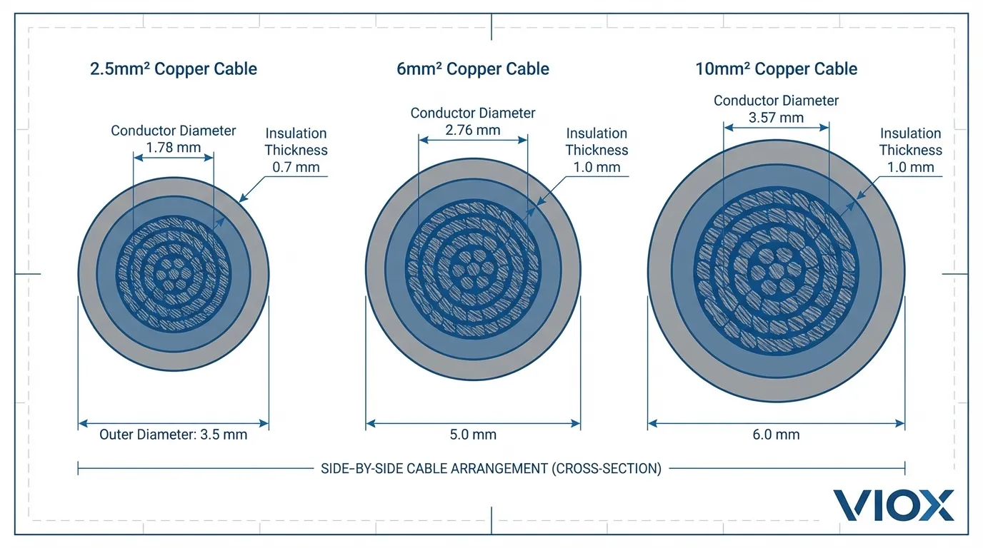 Diagram penampang kabel yang menunjukkan hubungan antara ukuran konduktor dan diameter luar untuk perhitungan trunking