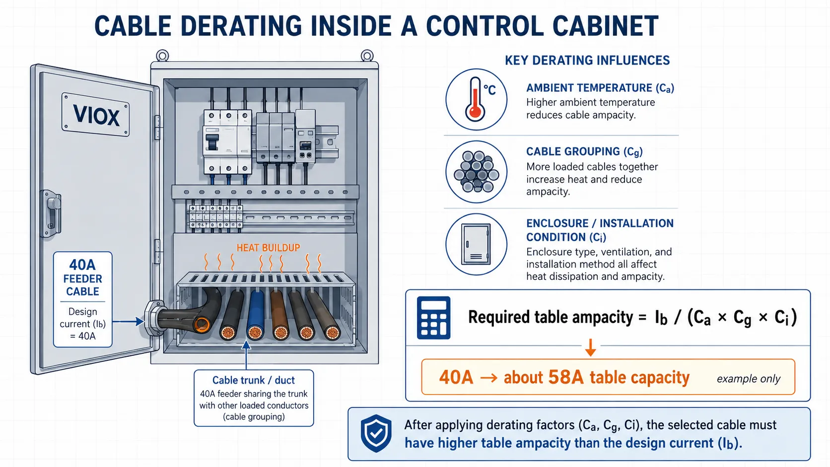 Cable derating factor example for a 40A feeder inside a control cabinet